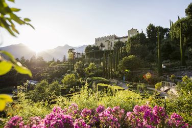 Sunlit terraced garden with pink flowers in the foreground, tall cypress trees and a castle-like villa on a hillside with mountains in the background.